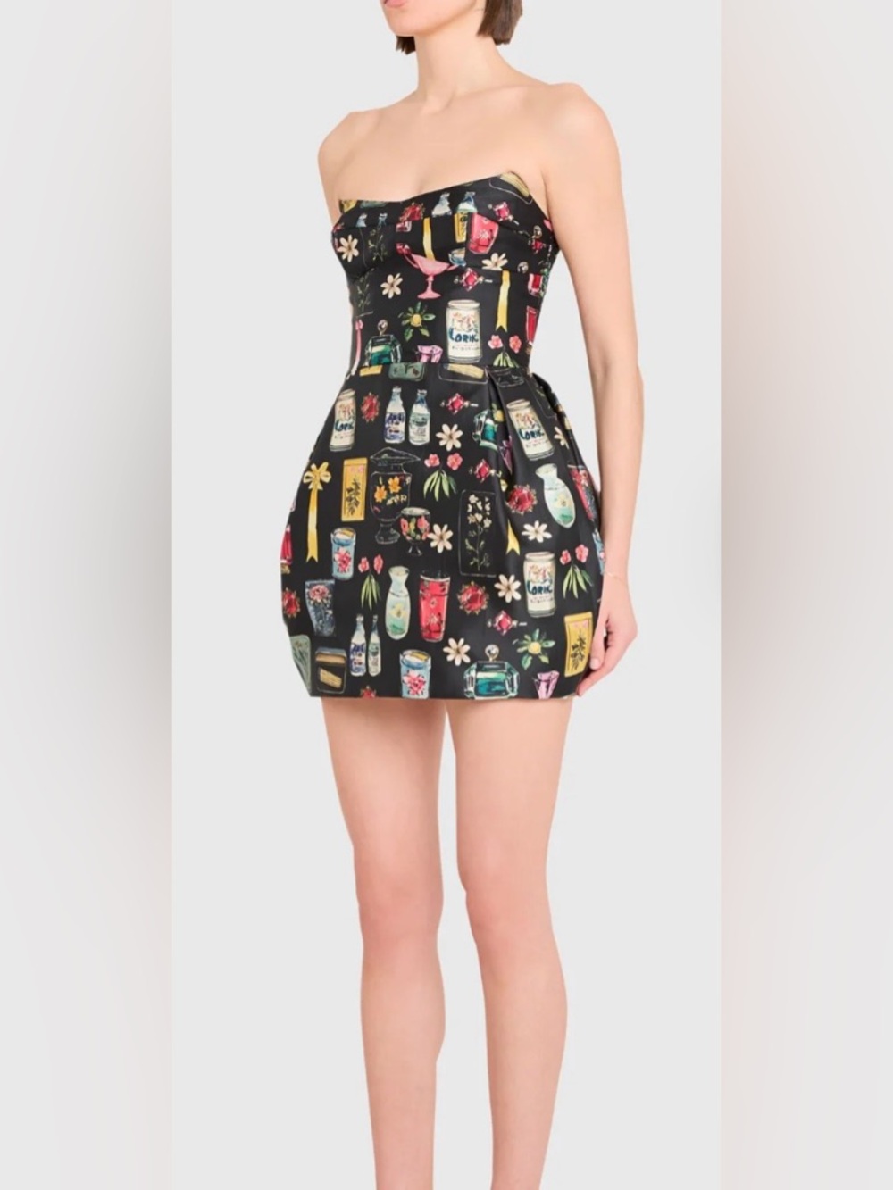 Amanda Uprichard Black Bubble Mini Dress with Multicolor Perfume Jar Print - Picture 2 of 4